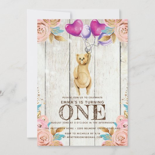 テディベアバルーンファースト誕生日 素朴 招待状 (正面)