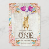 テディベアバルーンファースト誕生日 素朴 招待状 (正面/裏面)