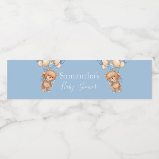 テディベアバルーンブルーベビーシャワー ペットボトルラベル (シングルラベル)