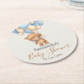 テディベアバルーンブルーベビーシャワー ラウンドペーパーコースター (アングル)