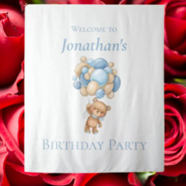 テディベアバルーンブルーボーイ誕生日背景 タペストリー