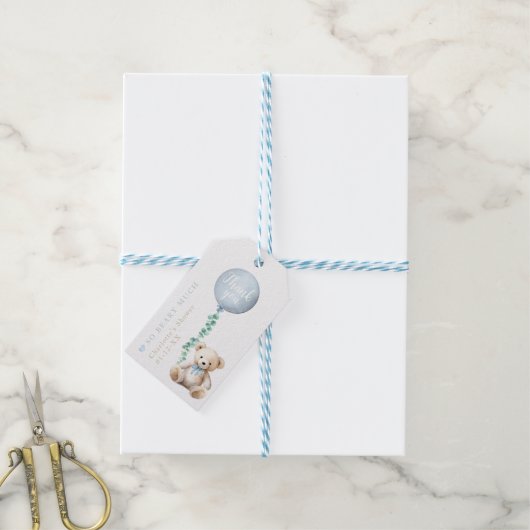 テディベアバルーンベビーシャワーありがとうラベル ギフトタグ (より糸付き)