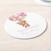 テディベアバルーンホワイトピンクの赤ちゃんシャワー ラウンドペーパーコースター (アングル)