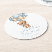 テディベアバルーンホワイトブルーベビーシャワー ラウンドペーパーコースター (アングル)