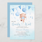 テディベアバルーンボホの水の色ベビーシャワーボーイ 招待状 (正面/裏面)