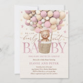 テディベアバルーンメイブピンクガールベビーシャワー 招待状 (正面)