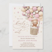 テディベアバルーンメイブピンクガールベビーシャワー 招待状 (正面)