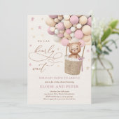 テディベアバルーンメイブピンクガールベビーシャワー 招待状 (スタンド正面)