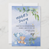 テディベアバルーンユーカリプトゥス第1誕生日写真 招待状 (正面)