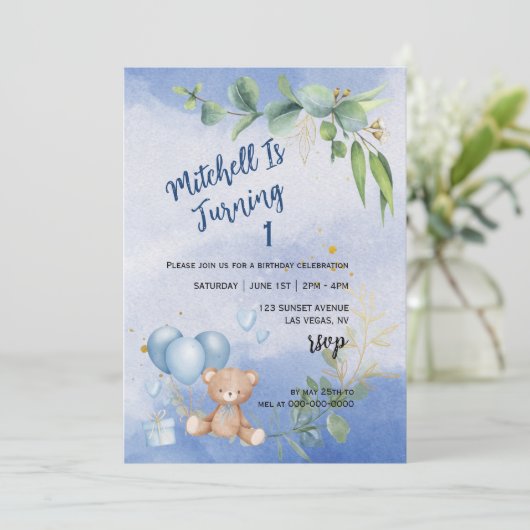 テディベアバルーンユーカリプトゥス第1誕生日写真 招待状 (スタンド正面)