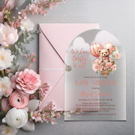 テディベアバルーン女の子仮想ベビーシャワー アクリル招待状