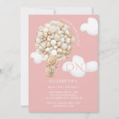 テディベアバルーン女の子1st誕生日招待状 招待状 (正面)