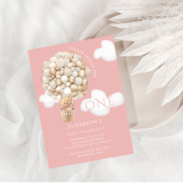 テディベアバルーン女の子1st誕生日招待状 招待状