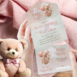 テディベアバルーン女の子Bearly待ち赤ちゃんシャワー オールインワン招待状