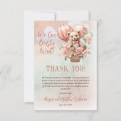 テディベアバルーン女の子Bearly待ち赤ちゃんシャワー サンキューカード (正面)