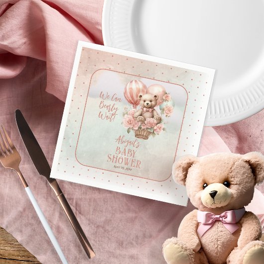 テディベアバルーン女の子Bearly待ち赤ちゃんシャワー スタンダードカクテルナプキン