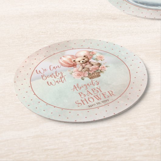 テディベアバルーン女の子Bearly待ち赤ちゃんシャワー ラウンドペーパーコースター (アングル)