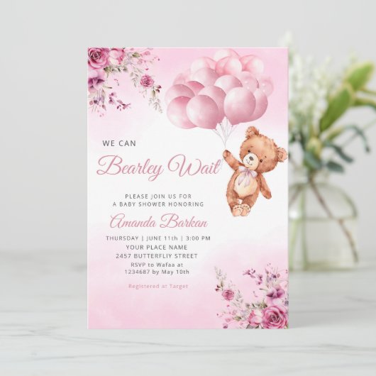 テディベアバルーン女の子Bearly待ち赤ちゃんシャワー 招待状 (スタンド正面)