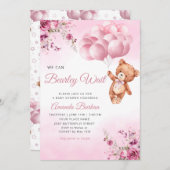 テディベアバルーン女の子Bearly待ち赤ちゃんシャワー 招待状 (正面/裏面)