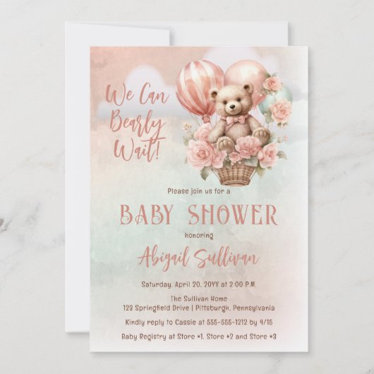 テディベアバルーン女の子Bearly待ち赤ちゃんシャワー 招待状 (正面)