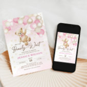 テディベアバルーン心待ち女の子ベビーシャワー 招待状