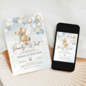 テディベアバルーン心待ち少年ベイビーシャワー 招待状