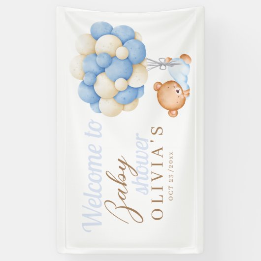 テディベアバルーン水彩赤ちゃんシャワーへようこそ 横断幕 (縦)