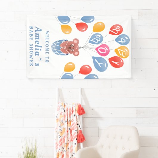 テディベアバルーン男の赤ちゃんベビーシャワー背景 横断幕 (インサイチュ)