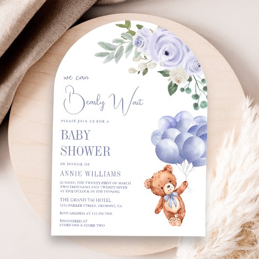 テディベアバルーン紫フローラアーチ赤ちゃんシャワー 招待状