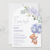 テディベアバルーン紫フローラアーチ赤ちゃんシャワー 招待状 (正面)
