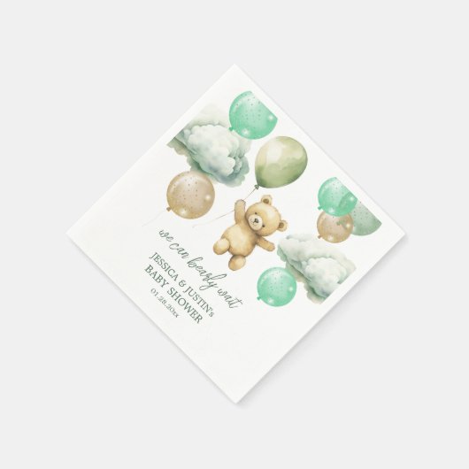 テディベアバルーン緑の空の赤ちゃんシャワー スタンダードカクテルナプキン (角)