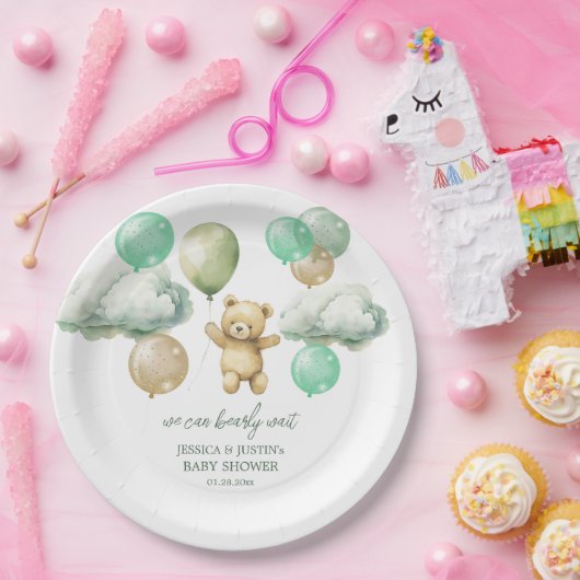 テディベアバルーン緑の空の赤ちゃんシャワー ペーパープレート (パーティー)