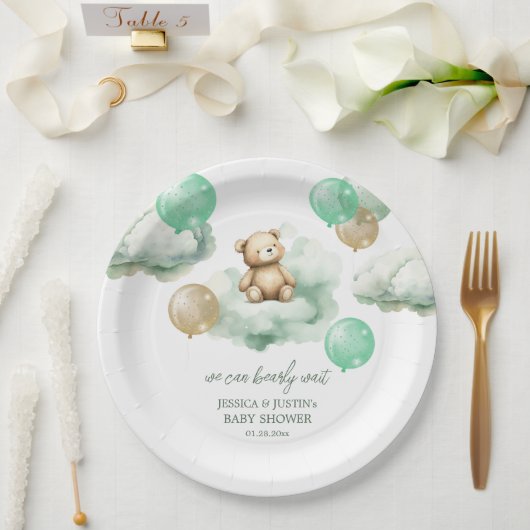 テディベアバルーン緑の金ゴールドスカイ赤ちゃんシャワー ペーパープレート (ウェディング)