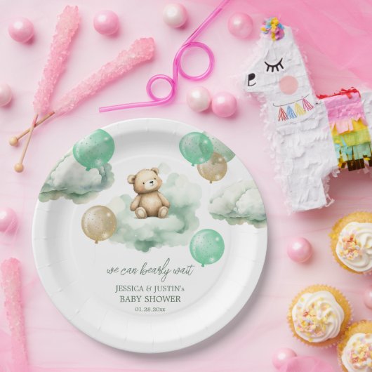 テディベアバルーン緑の金ゴールドスカイ赤ちゃんシャワー ペーパープレート (パーティー)