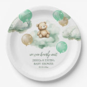 テディベアバルーン緑の金ゴールドスカイ赤ちゃんシャワー ペーパープレート (正面)