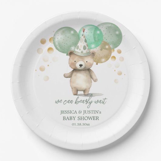 テディベアバルーン緑の金ゴールド赤ちゃんシャワー ペーパープレート (正面)