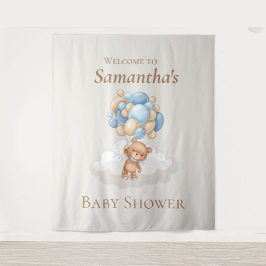 テディベアバルーン茶色のベビーシャワー背景 タペストリー (正面)