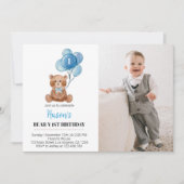 テディベアバルーン誕生日招待状ブルーベアリー サンキューカード (正面)