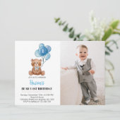 テディベアバルーン誕生日招待状ブルーベアリー サンキューカード (スタンド正面)