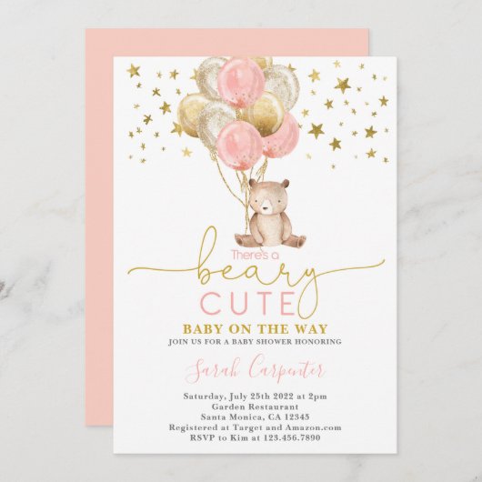 テディベアバルーン赤ちゃんシャワー少女 招待状 (正面/裏面)