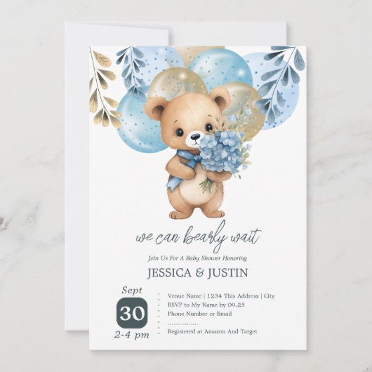テディベアバルーン赤ちゃんシャワー 招待状 (正面)