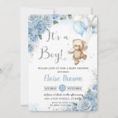 テディベアバルーン赤ちゃんブルーフローラボーイシャワー 招待状 (正面)