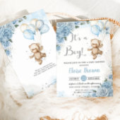 テディベアバルーン赤ちゃんブルーフローラボーイシャワー 招待状