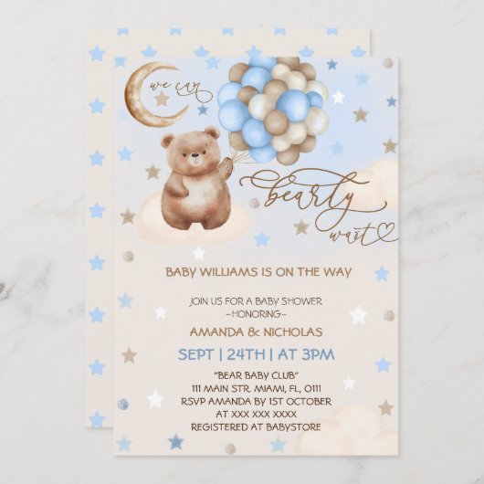 テディベアバルーン青いお洒落男の子ベビーシャワー 招待状 (正面/裏面)