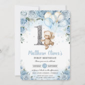 テディベアバルーン青フローラ第1誕生日 招待状 (正面)