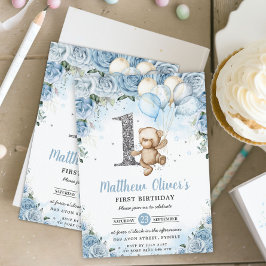 テディベアバルーン青フローラ第1誕生日 招待状