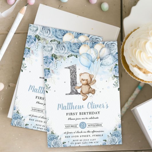 テディベアバルーン青フローラ第1誕生日 招待状