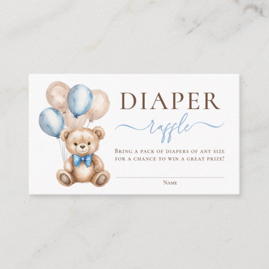 テディベアバルーン青ベビーシャワーおむつラッフル エンクロージャーカード (正面)