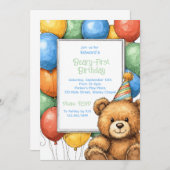 テディベアバルーン 1歳の誕生日招待状 セーブザデート (正面/裏面)