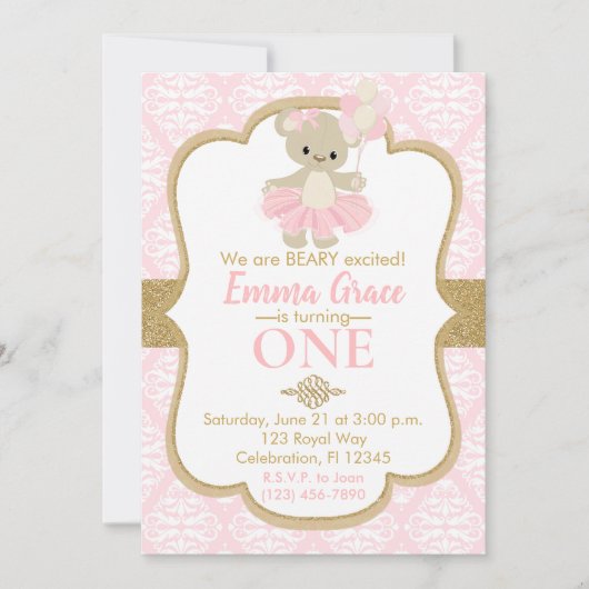 テディベアバレリーナファースト誕生日 招待状 (正面)
